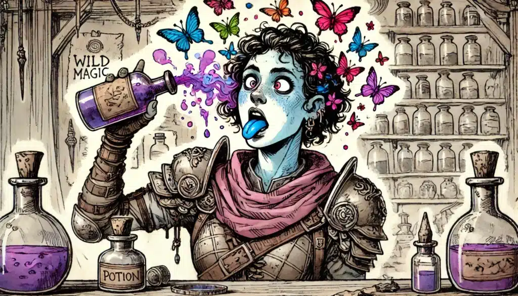 A person in armor drinks a Chaotic Wild Magic Potion, turning their tongue blue as colorful butterflies flutter from their mouth. Shelves of potions fill the background, with a “Wild Magic” sign hinting at unpredictable side effects.