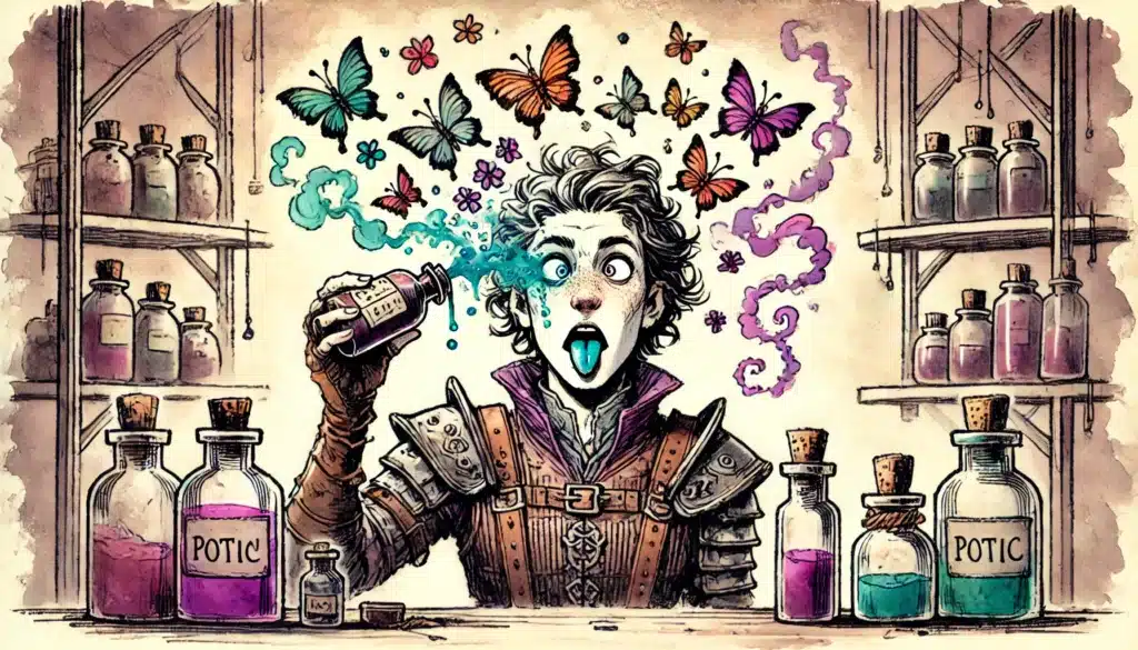 A surprised person in fantasy armor drinks a Wild Magic Potion, turning their tongue blue as colorful butterflies swirl from the bottle. Potions and bottles fill shelves behind them in a whimsical laboratory scene of chaotic side effects.