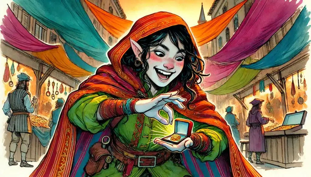 A delighted elf in a colorful cloak opens a glowing ring box at a vibrant medieval market, as if improvising D&D in real life—colorful banners and stalls echo the wild twists familiar to D&D players when things go off the rails.
