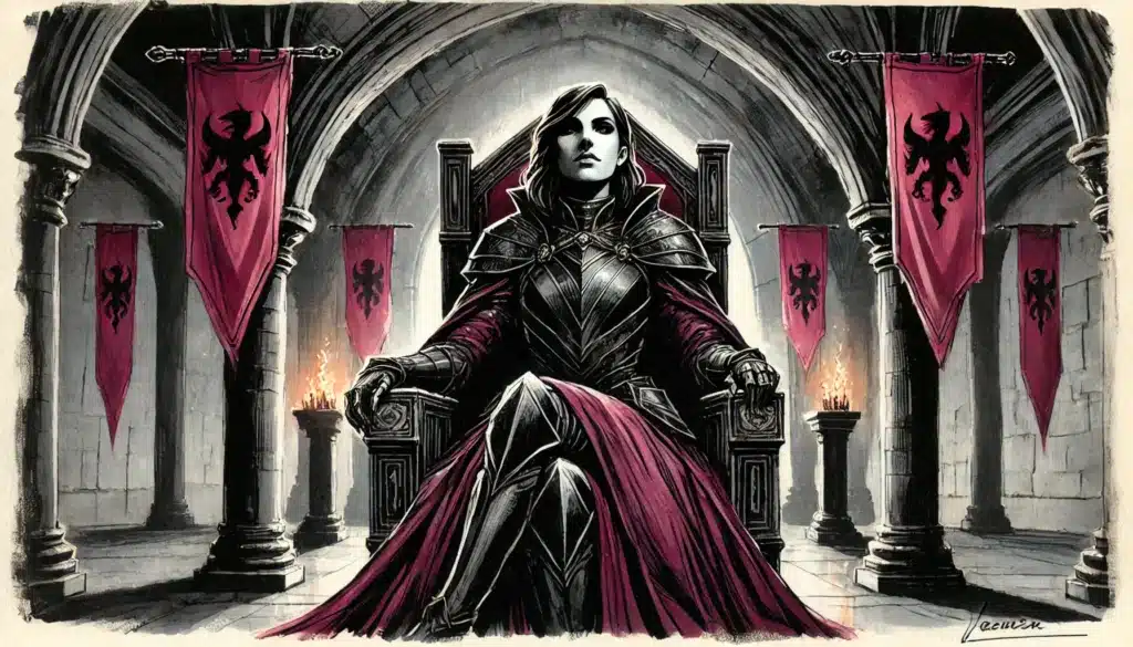A regal woman in dark armor and a red cape sits confidently on a stone throne in a grand hall, surrounded by enemies’ banners with black dragon emblems and flaming braziers—perfect inspiration for DMs exploring villain motivations.