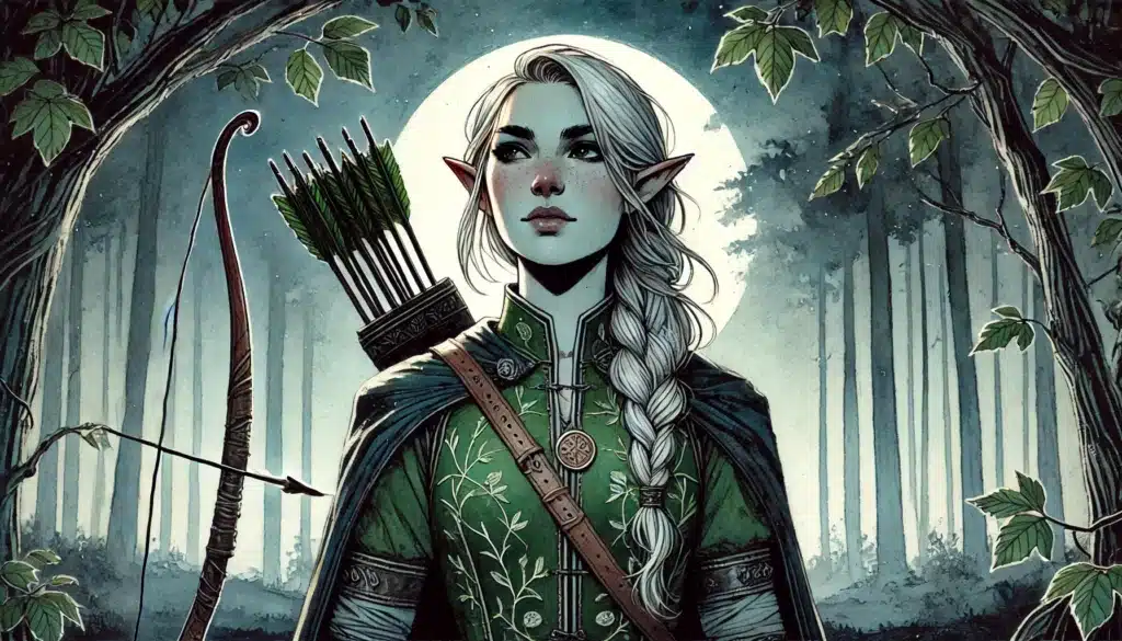 A fantasy elf archer with long silver hair in a braid, pointed ears, and a green embroidered cloak stands in a moonlit forest. She holds a bow and wears a quiver of arrows—perhaps waiting for her enemies or acting on secret villain motivations. Lush leaves frame the scene.