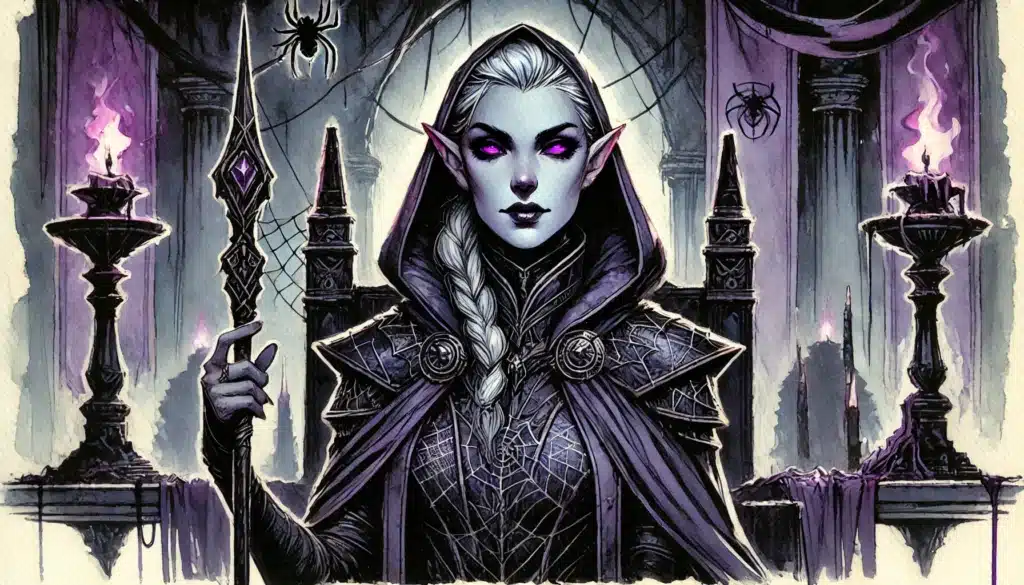 A fantasy dark elf sorceress with glowing purple eyes and pointed ears stands in a gothic hall, her presence hinting at villain motivations. Purple flames, spider webs, and stone columns surround her, creating a mystical, ominous atmosphere.