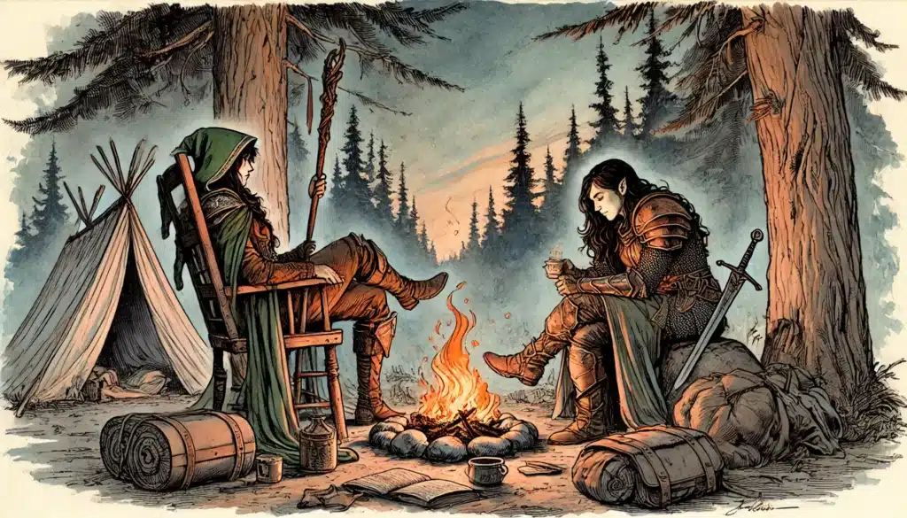 Two armored fantasy characters sit by a campfire in a forest, one with a staff and hood, the other with a sword, surrounded by camping gear and a tent. They appear relaxed, with trees silhouetted against a twilight sky.