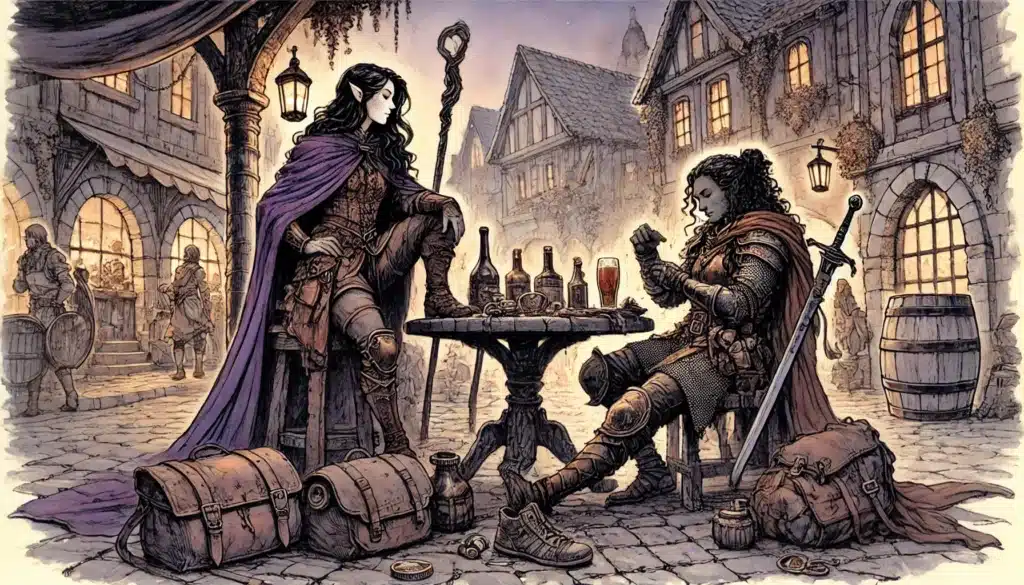 Two armored female adventurers sit at a table in a medieval town square, sharing drinks and examining a map—a moment of downtime activities in their Dungeons and Dragons journey. Bottles, loot bags, and half-timbered buildings set the lively scene.