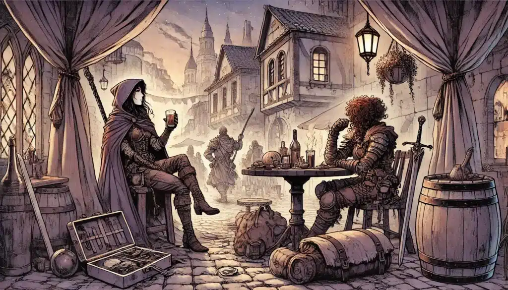 Two armored adventurers enjoy some downtime at a table outside a medieval tavern, drinking and storytelling. Barrels, crates, and supplies surround them as the D&D campaign unfolds—a cloaked figure passes by busy city streets and distant castle towers.