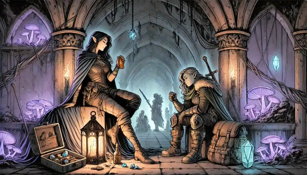 Two fantasy elves in armor share drinks and gems in a torch-lit stone hallway filled with glowing crystals and mushrooms—a perfect setting for D&D downtime and storytelling, as two figures approach. A lantern and treasure chest sit nearby.