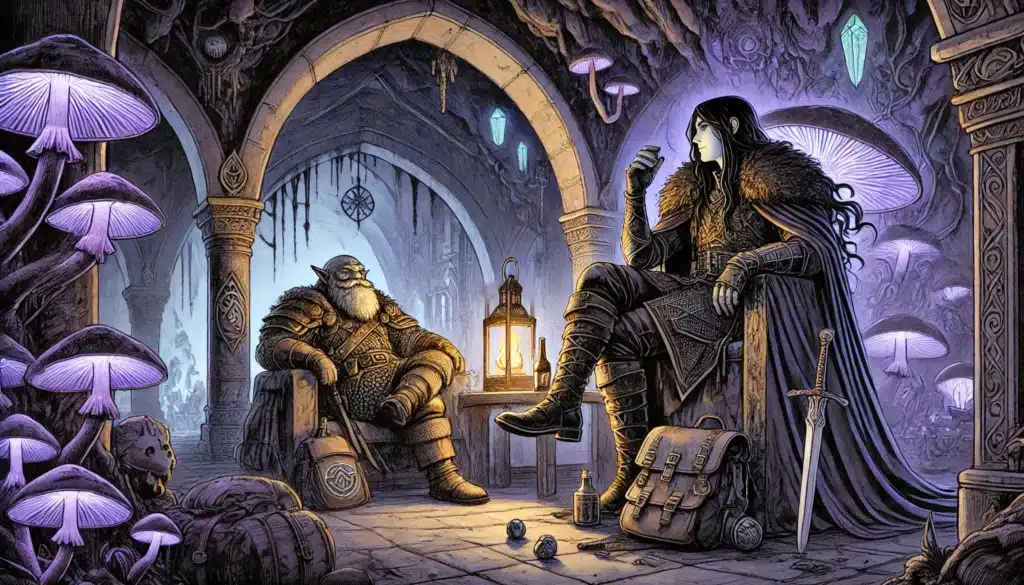 A dwarf and an elf sit in a stone chamber lit by glowing lanterns and mushrooms. The elf, clad in dark armor with a sword nearby, faces the fur-clad dwarf. Adventurer gear and dice between them hint at dnd campaign storytelling.