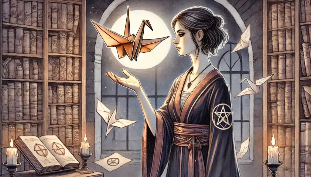A D&D character in a robe with a pentagram emblem stands in a library, holding a floating origami crane—a unique familiar. Paper cranes and candles surround her, with a full moon glowing outside an arched window. Open books rest nearby.