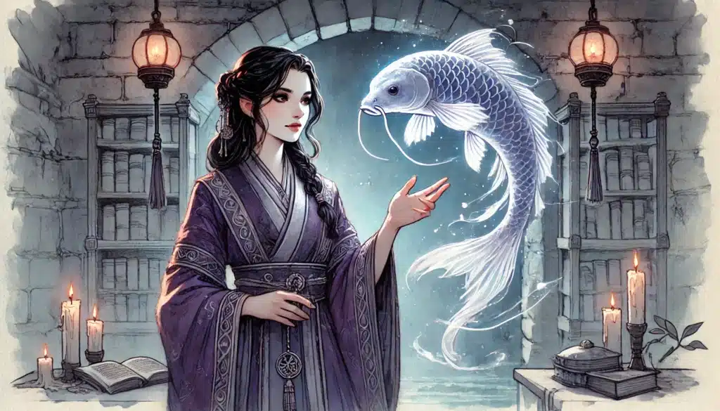 A woman in ornate, flowing robes stands in a stone library, surrounded by candles and bookshelves, gracefully summoning a glowing, ethereal koi fish—one of many unique familiars found in rich D&D character lore.