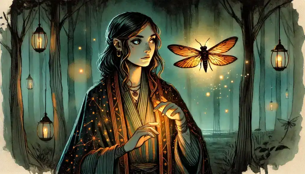 A woman in a star-patterned cloak stands in a mystical forest at night, surrounded by glowing lanterns and fireflies. She gazes in awe at a large, illuminated moth—her unique familiar—hovering near her hand, adding depth to her character lore.