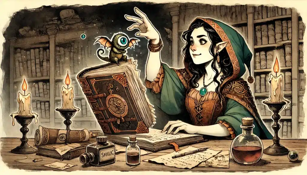 A smiling elf woman in a green robe writes at a desk in a library, summoning a unique familiar—a tiny dragon with one large eye—from a magical book. Candles, potions, scrolls, and an old camera surround her as she weaves new character lore.