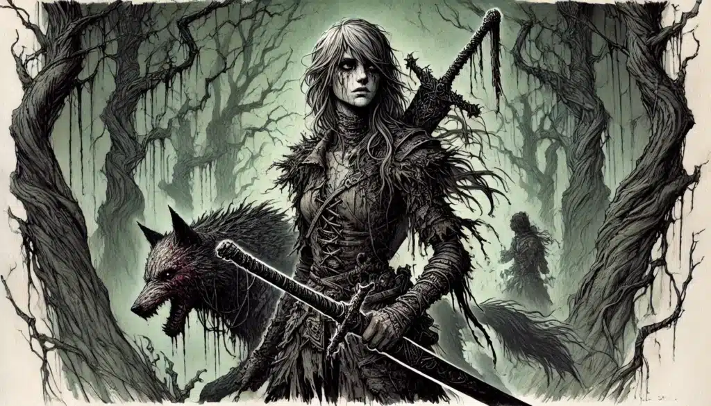 A fierce, armored woman with long hair holds a sword in a dark, eerie forest, accompanied by a snarling wolf. Another shadowy figure stands in the foggy background among twisted, leafless trees.