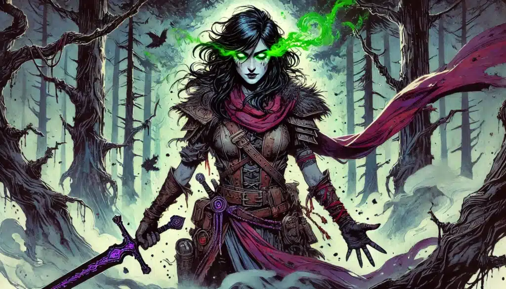 A dark-haired woman in fantasy armor stands in a misty forest, holding a glowing purple sword. Green magic swirls from her eyes, and a red scarf flows in the wind. The atmosphere is eerie and mystical.
