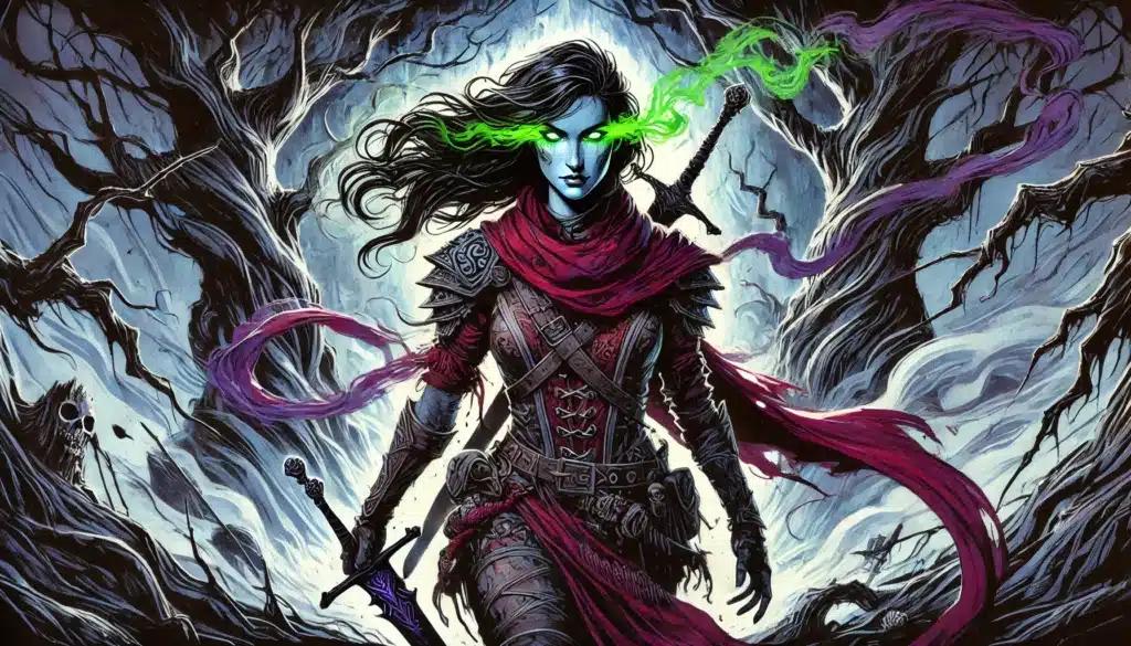 A fierce female warrior with glowing green eyes and blue skin stands in a dark, twisted forest. She wears detailed armor and a flowing red scarf, holding a sword, with green and purple energy swirling around her head.