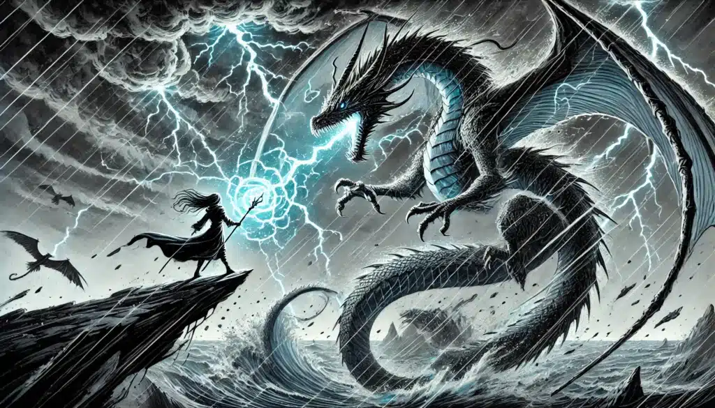 A figure in a cloak stands on a cliff, casting lightning magic toward a large dragon with outstretched wings amid a stormy sky, crashing waves, and rain, as smaller dragons fly in the background.