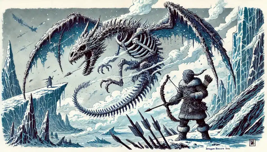A heavily armored archer faces a fearsome Homebrew Dragon Variant soaring above icy cliffs, arrows scattered on the ground. The wintry, dramatic scene evokes epic DND battles as a distant figure watches from a jagged glacier ledge—perfect for veteran players.