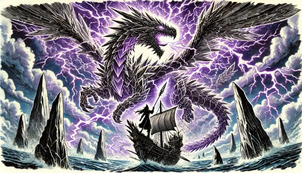 A massive, fierce dragon crackling with purple lightning—one of the legendary Homebrew Dragon Variants loved by DND veteran players—looms over a small sailing ship in stormy seas, as a cloaked figure bravely faces the beast.