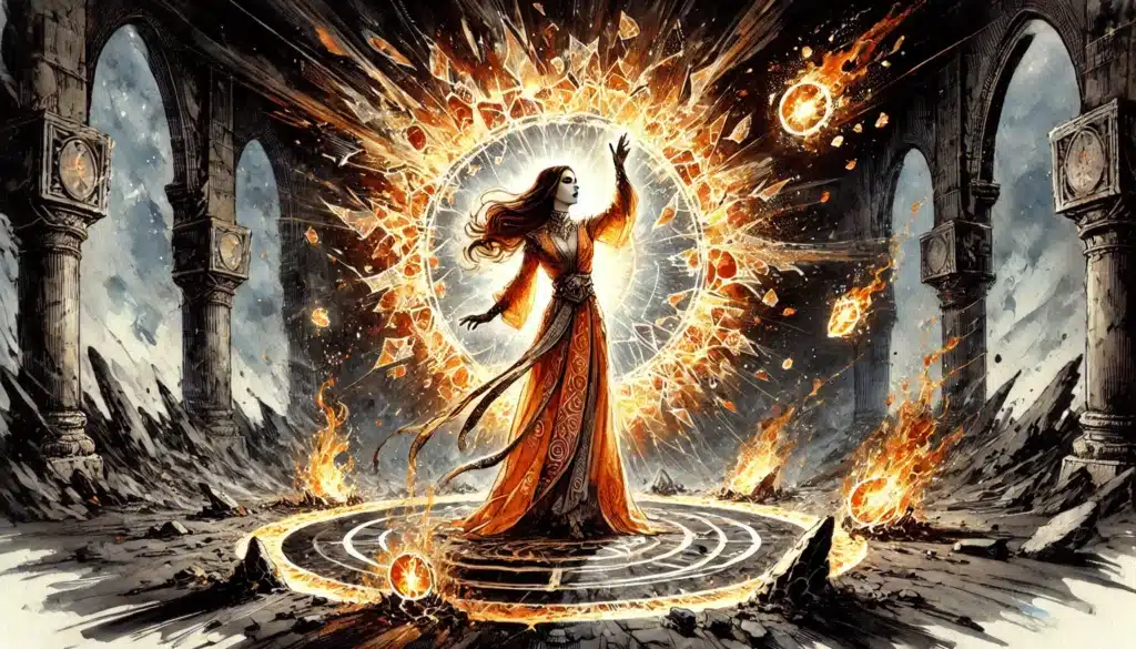 A powerful sorceress in an ornate orange robe stands in a glowing magic circle, summoning fiery energy. Flames and light burst around her in a ruined stone hall with arches and burning debris.