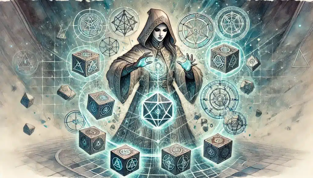 A hooded figure in ornate robes stands casting a spell, surrounded by glowing geometric shapes and floating cubes, with mystical symbols and patterns illuminating the air around them.