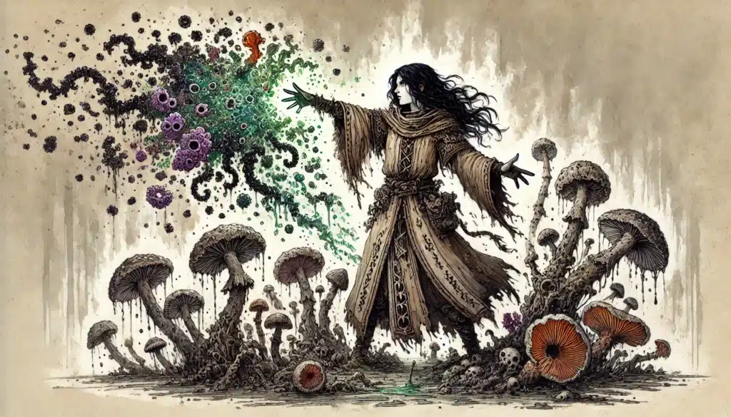 A robed figure stands among large mushrooms, casting a spell that releases dark spores and glowing fungi into the air. The scene is mystical, with earthy tones and a fantasy atmosphere.
