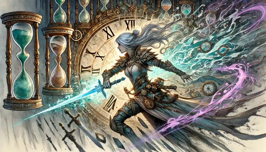 A silver-haired warrior in ornate armor wields a glowing sword, surrounded by swirling magic, hourglasses, and a giant clock face, evoking a fantastical blend of time and battle.