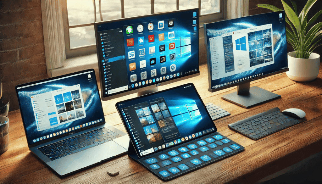 Moderne Computer-Workstation mit Laptop, Tablets und Monitoren für effizientes Arbeiten.