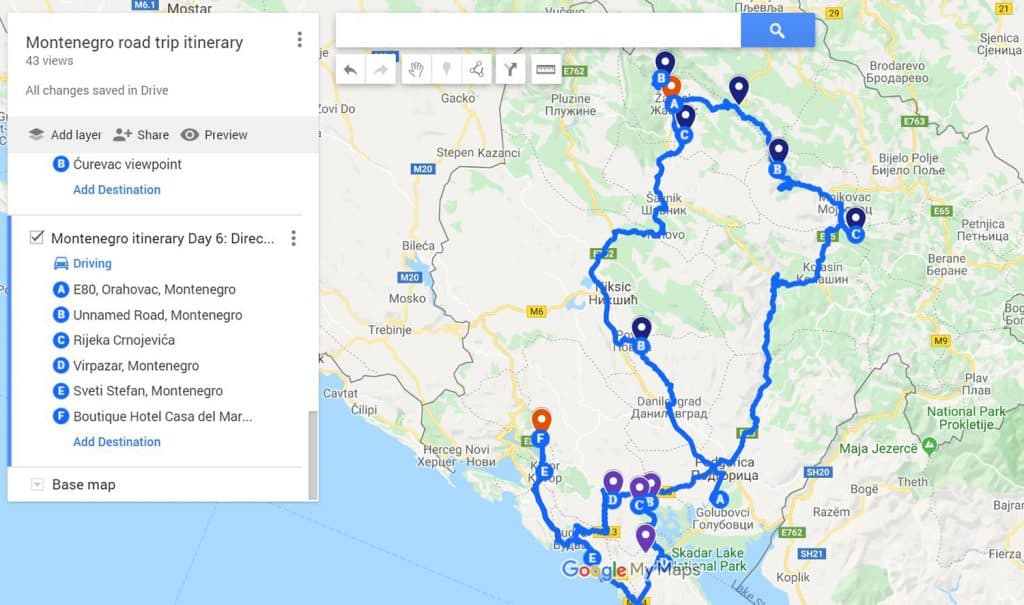 Montenegro road trip itinerary on the map