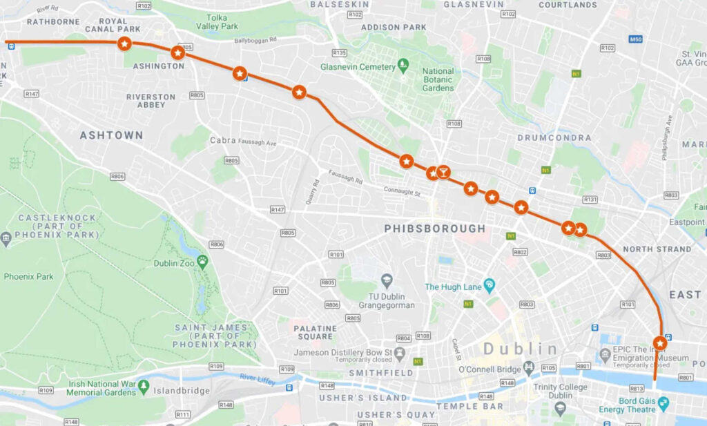 A map showing a walking route along the Royal Canal in Dublin, with key points of interest marked, starting from the Dublin Docklands and extending through Phibsborough to Ashtown.
