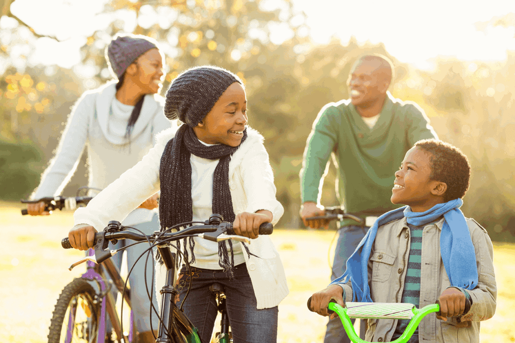 Family biking in Crystal Lake IL neighborhood