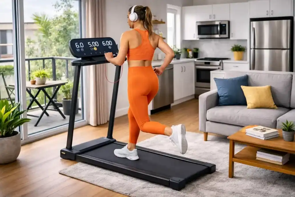 compact treadmill in apartment