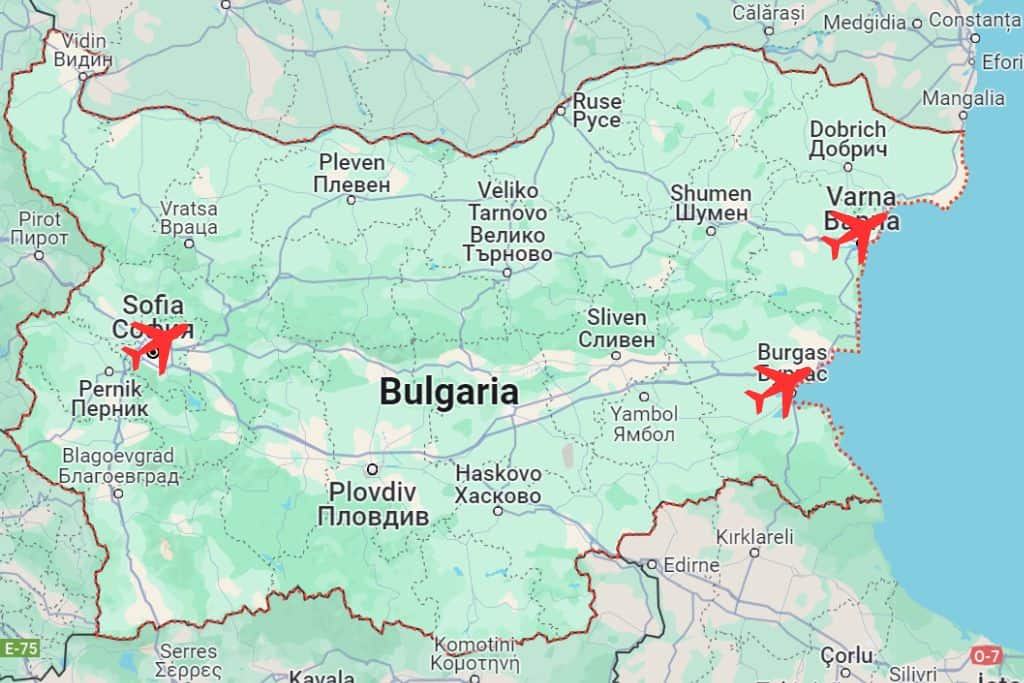 Map of Bulgaria showing major airports, including Sofia Airport in the capital, Varna Airport on the Northern Black Sea Coast, and Burgas Airport on the Southern Black Sea Coast, highlighting key travel hubs for exploring the country.