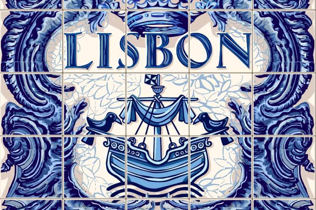 Decorative tile panel spelling out ‘Lisbon’ with a classic sailing ship motif, embodying Portugal’s rich azulejo tradition—an eye‑catching piece to commemorate a visit to the capital.