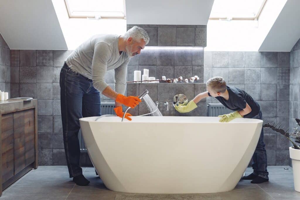 A Father and Son Doing Some Cleaning Maintenance on a New Construction Tub