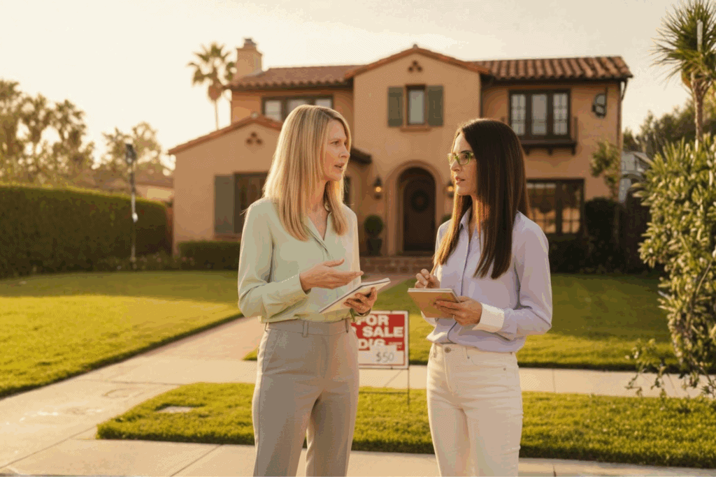 Realtors Discussing Outside a Home in San Diego with a For Sale Sign