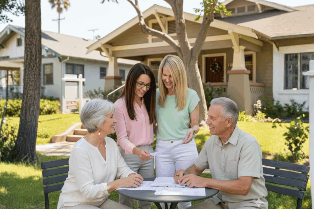 Realtors Outside a Home Helping Clients with their Paperwork
