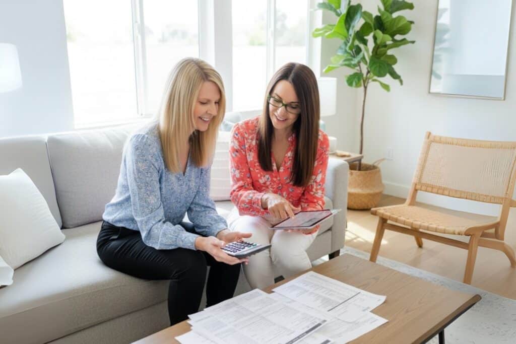 Realtors with a Calculator, a tablet, and Some Paperwork in a Wooden Table
