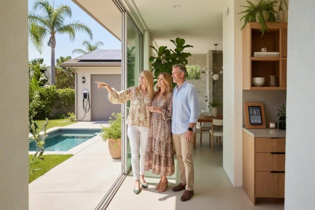 Realtor Showing Clients a Modern Home in San Diego While Pointing to the Outside