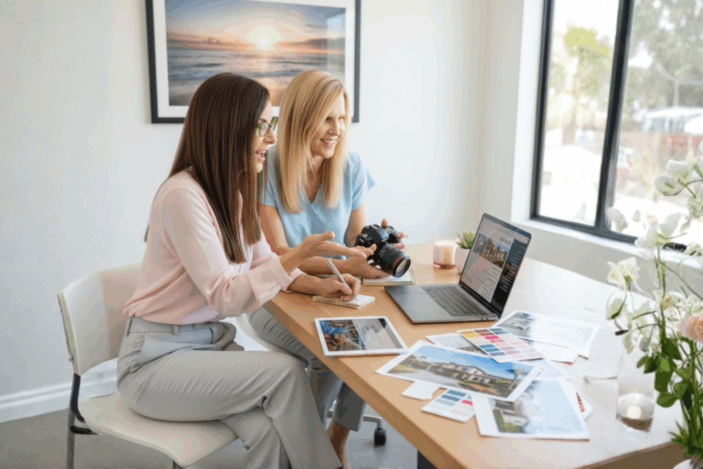 Realtors in front of a Wooden Table with their Camera and Laptop Planning