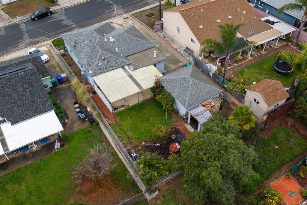 Aerial view of the property at 1751 39th Street, showing the house layout, garage, and backyard in San Diego.