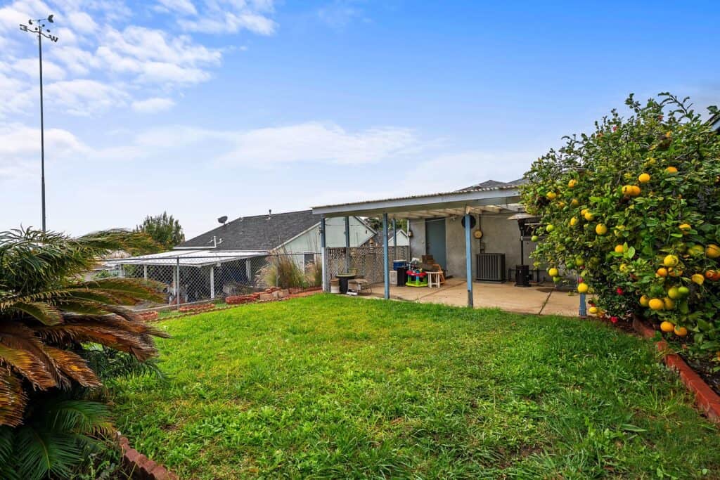 Lush private backyard at 1751 39th St, San Diego, featuring mature lemon trees and a spacious covered patio for outdoor living