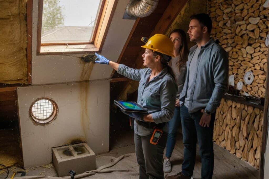 Inspector discussing attic ventilation and water stains with North Park home buyers during inspection walkthrough