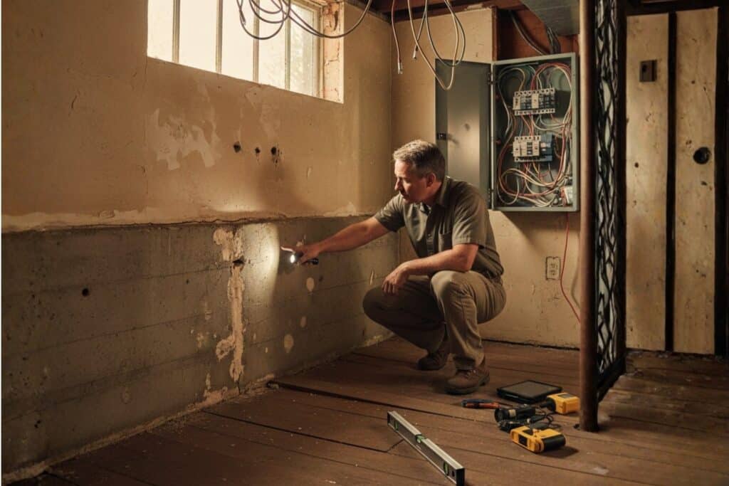 Inspector checking foundation cracks and copper electrical in North Park bungalow basement during home inspection