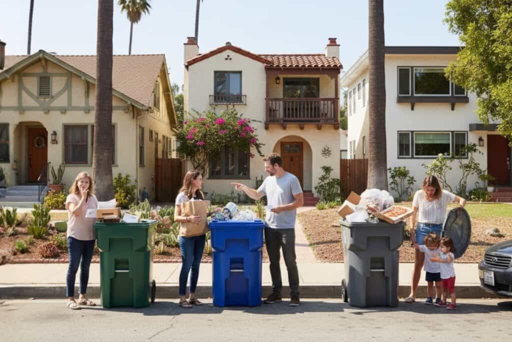 Homeowners Beside their Trash Bin with Varying Garbage Inside