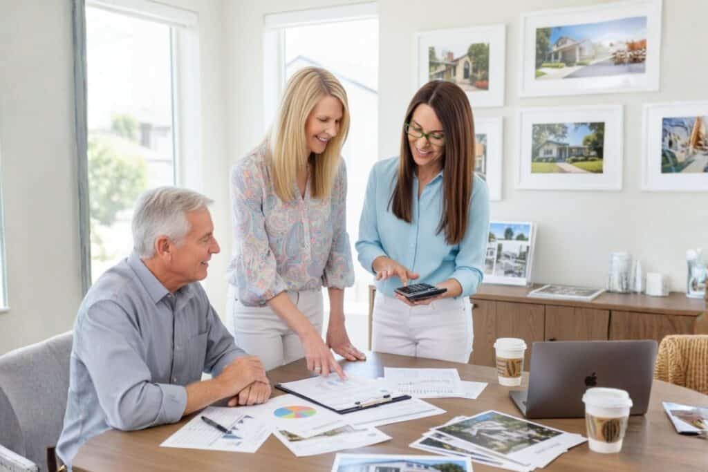 Realtor Explaining North Park Home Prices to a Client with Data and a Calculator