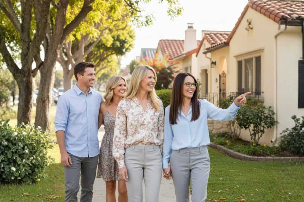 Realtors Showing a Couple Around a Neighborhood in San Diego with Old Spanish Style Homes