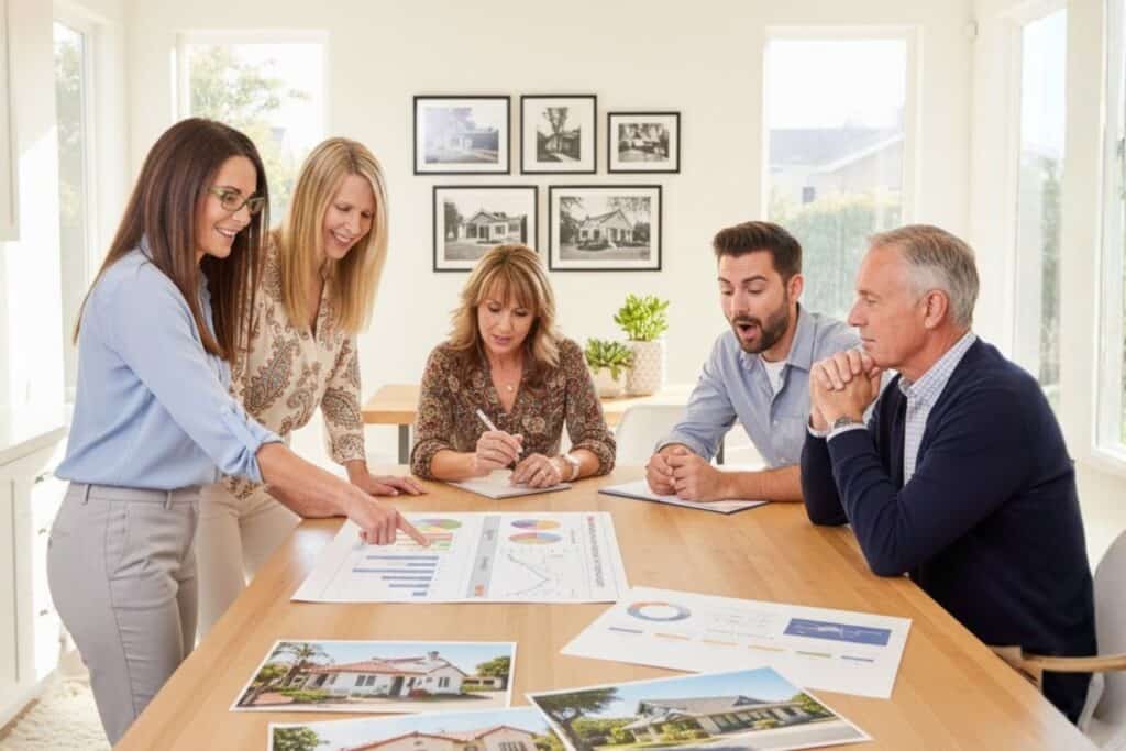 A professional real estate consultation in a bright San Diego home, featuring two female experts, Z and Mary