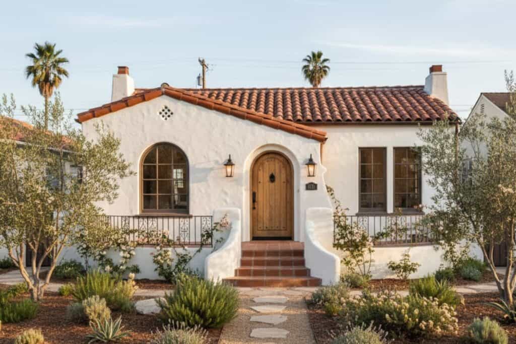 Spanish-style bungalow in North Park, San Diego, with white stucco, terracotta roof, and early spring landscaping.