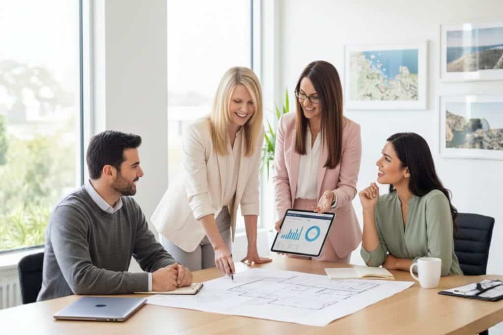 Two realtors present architectural floor plans and market data on a tablet to a smiling couple during a homebuying consultation in a bright, professional office