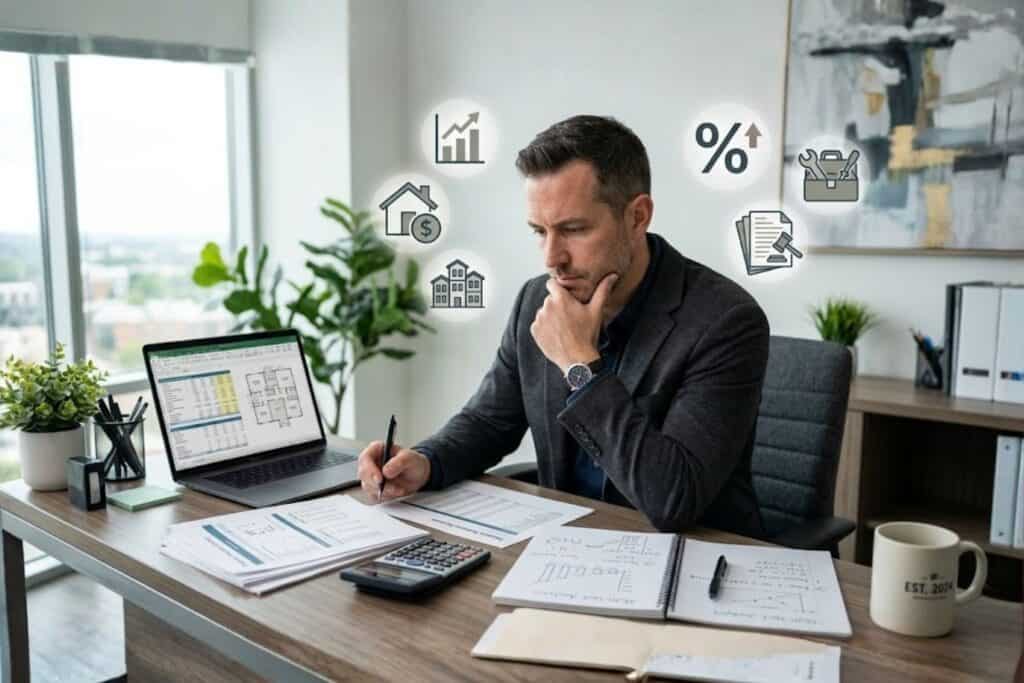 A Man Sitting Down while Analyzing a Multi-Unit Real Estate Investment