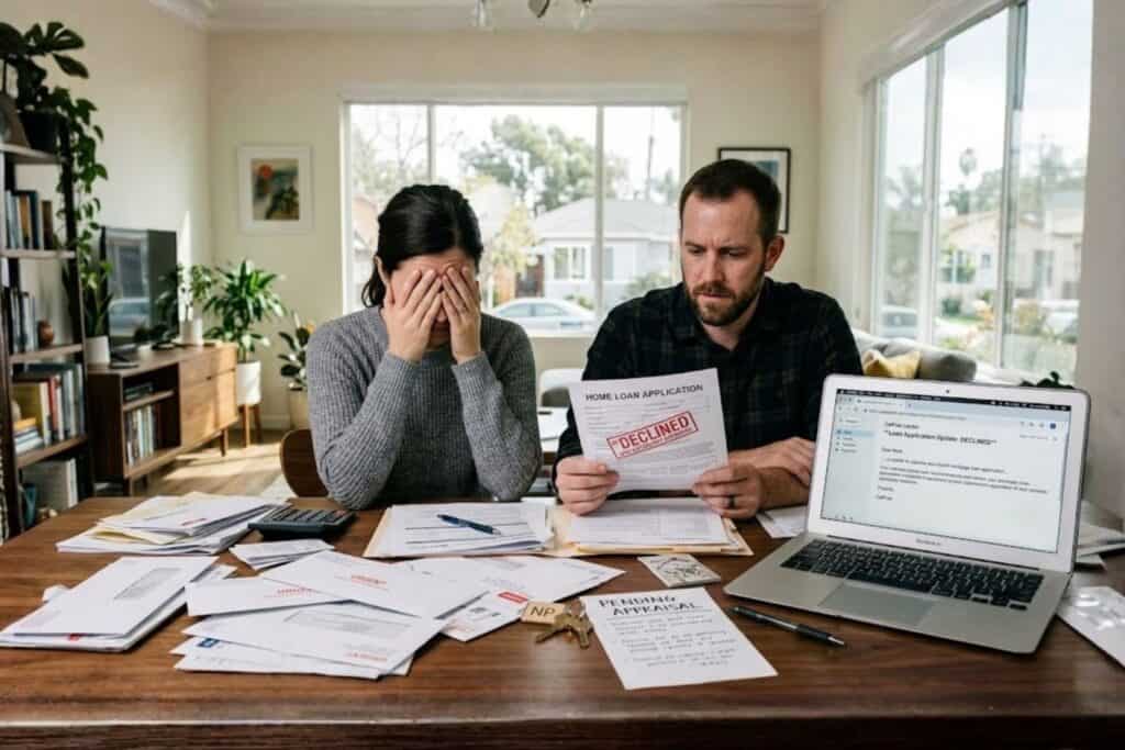A Stressed Couple In front of a Table Facing Home Loan Rejection